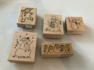 (5) Snowman And Gingerbread Man Mounted Wood Block Stamps