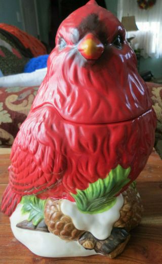 Mercuries Red Cardinal Perched Logs & Pine Cones Cookie Jar