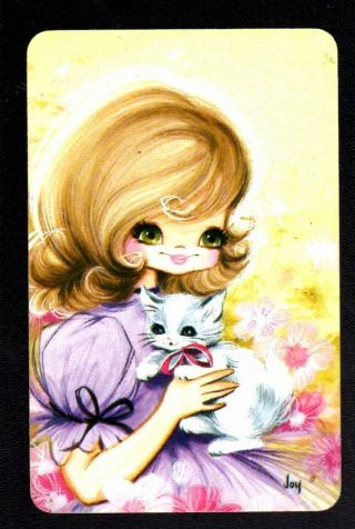 Vintage Joy Swap Card - Pretty Girl With White Kitten (blank Back)