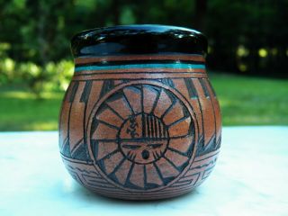 Mini Vase Dwayne Blackhorse Navajo Native American Pottery Hand - Incised Sun Face
