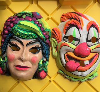 2x Vintage Ben Cooper Halloween Mask Bc Style 1960’s Clown Carmen Miranda Look