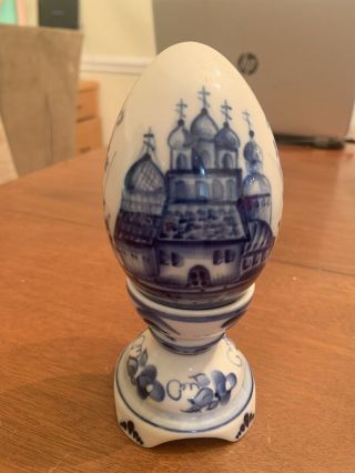 Gzhel Vintage Porcelain Easter Egg With Stand Blue White Folk Art
