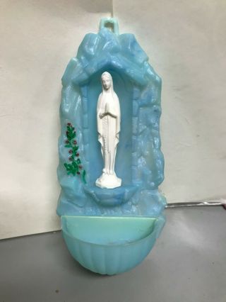 Vtg Plastic Blue White Mother Mary Madonna Religious Holy Water Font Italy 7 "