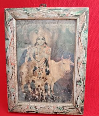 Old Vintage Litho Print Of Lord Krishna Playing Flute Painted Framed