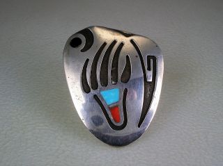 Old Navajo Sterling Silver Overlay Bear Paw Pin W/ Turquoise Coral Jet Inlay