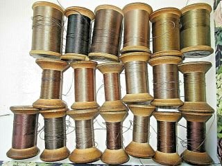19 Wooden Spools W/ Vintage Thread = Machine Silk 2
