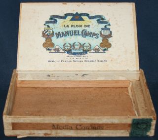 Vintage La Flor De Manuel Camps Wooden Cigar Box - Lid Attached - J.  B.  Back & Co