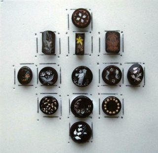 13 Antique Black Glass Enamel Buttons