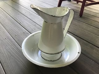 Vintage French White Pitcher And Bowl Enamelware Basin