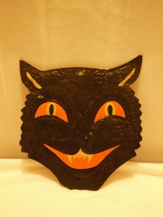 Vintage H.  E.  Luhrs Halloween Embossed Die Cut Decoration Scary Black Cat Face