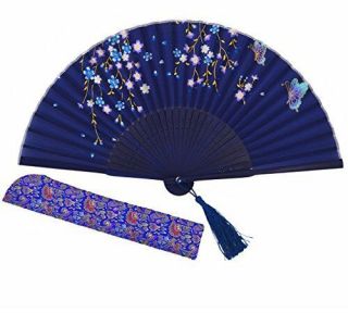 Amajiji Women Hand Held Silk Folding Fans With Bamboo Frame Blue