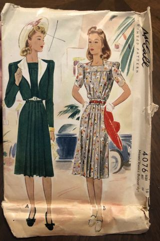Mccall Printed Pattern 4076 1941 1940s Dress & Bolero Vintage Sewing Size 16 40s