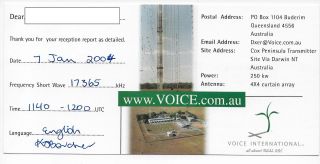 Qsl Radio Voice International Buderim Queensland Australia 2004 On 17365 Khz Dx