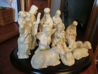 Vintage Nativity Set 11 Piece Ivory & Gold Porcelain On Wood Base
