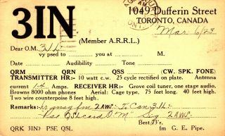 3in G.  E.  Pipe Toronto,  Canada 1923 Vintage Ham Radio Qsl Card