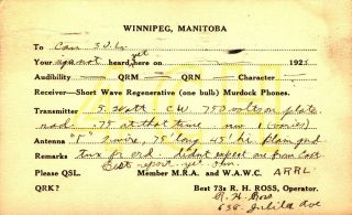 R.  H.  Ross Winnipeg,  Man. ,  Canada 1923 Vintage Ham Radio Qsl Card