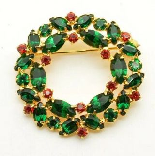 Vintage Christmas Wreath Pin Brooch Prong Set With Rhinestones