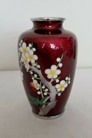 Vintage Japanese Red Pigeon Blood Cloisonne Enamel Vase With Flowers 4 3/4 " Tall