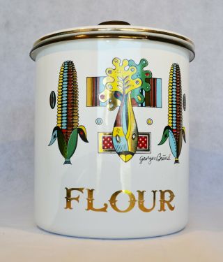 Vintage Georges Briard Flour Canister W Lid Rare Kitchen Container Enamel Corn