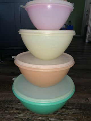 Tupperware 4 Wonderlier Bowl Set Nesting Pastel Green Orange Yellow Pink
