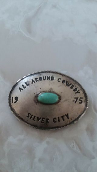 Estate Sterling Silver Turquoise Navajo Rodeo Belt Buckle All Around Cowboy 1975