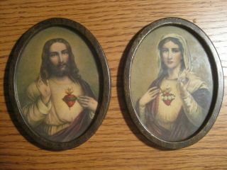 Religious Vintage Sacred Heart Of Jesus Virgin Mary In Oval Frames