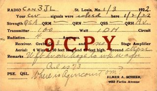 9cpy Elmer A.  Scheer St.  Louis,  Missouri 1923 Vintage Ham Radio Qsl Card