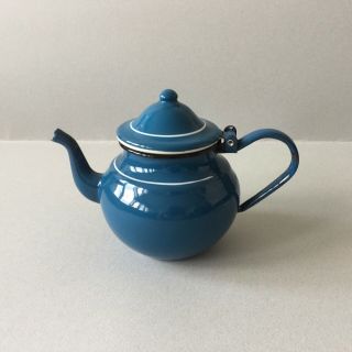 Vintage Blue White Enamel Small Teapot With Hinged Lid