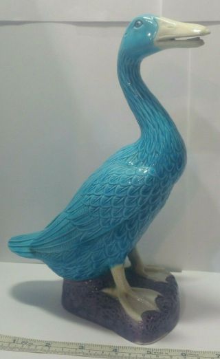 Vintage Chinese Shiwan Ware Turquoise & Aubergine Glazed Pottery Duck Goose 9.  5 "