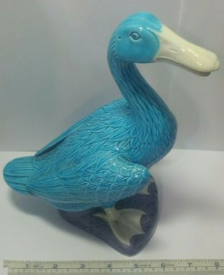 Vintage Chinese Shiwan Ware Turquoise & Aubergine Glazed Pottery Duck Goose 9.  5 