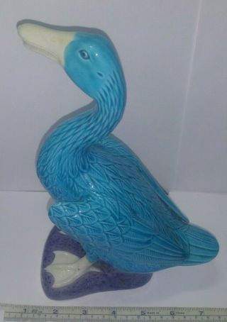Vintage Chinese Shiwan Ware Turquoise & Aubergine Glazed Pottery Duck Goose 9.  5 