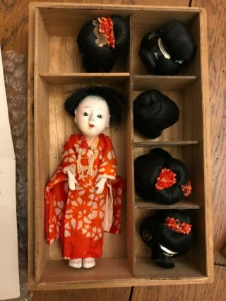 Antique Japanese Miniature Gofun Doll With 5 Wigs In Wooden Box