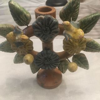 Vintage Mexican Folk Art Tree Of Life Candle Holder Metepec Pottery Mexico