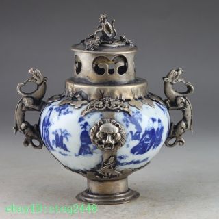 Handwork Porcelain Painting Life Inlay Tibetan Silver Dragon Incense Burner
