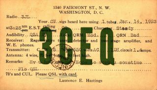 3ceq Laurence E.  Hastings Washington,  D.  C.  1923 Vintage Ham Radio Qsl Card