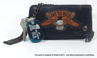 Vintage 1970s Harley Davidson Black Leather Wallet W/ Chain,  Amf Key & Fob