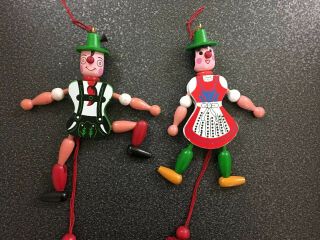 Vintage Wood Boy & Girl Pull String Puppet Jumping Jack Ornaments Austria