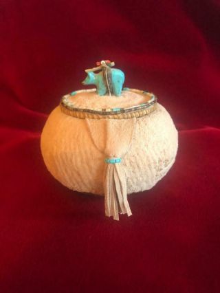 Vintage Native American Styled Hand Made Lidded Basket With Turquoise Signed
