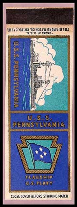 Nm Prewar 1940s Uss Pennsylvania Bb - 38 Us Navy Ship Pearl Harbor Matchbook Cover