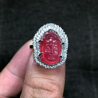 Chinese Handwork S925 Silver & Red Jadeite Jade Buddha Head Amulet No.  7 - 12 Ring