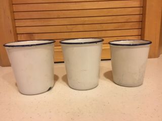 Rare Vintage Ker Sweden White Enamel - Blue Trim Graduated Nesting Three Cup Set