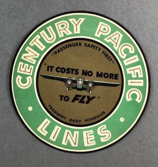 Century Pacific Lines Vintage Airline Luggage Baggage Label Gummed