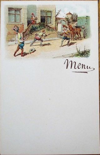 Fencing - C.  1900 French Color Litho Menu - Men Dueling In The Street,  Swordfight