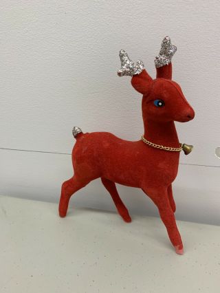 Vintage 8” Red Felt Hard Plastic Reindeer Figurine Christmas Decoration