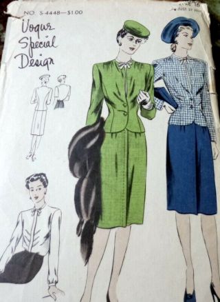 Lovely Vtg 1940s Suit & Blouse Vogue Special Design Sewing Pattern 16/34