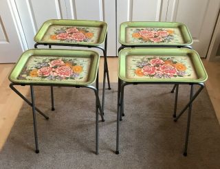 Vintage Tv Tray Tables Floral Roses Flower Green Metal Mcm