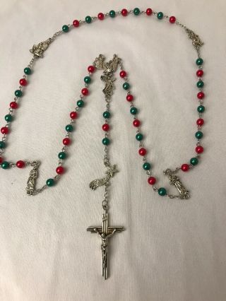 Rare Red & Green Christmas Rosary Nativity Jesus Mary Joseph Angel Manger Kings