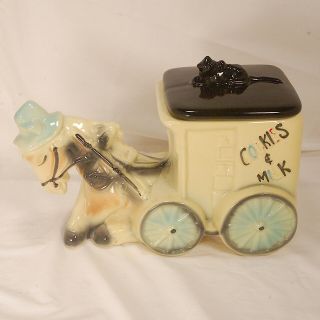 Vintage American Bisque Cookie Jar - Donkey/horse Drawn Cart - Milk & Cookies