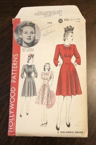 Hollywood Patterns 762 Betty Grable 1930s 1940s Dress Vintage Sewing Size 16 40s
