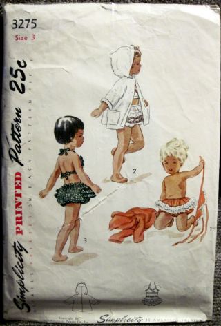 Vtg 1950 Simplicity Toddler Girls 2 Piece Bathing Suit & Beach Coat Pattern 3275